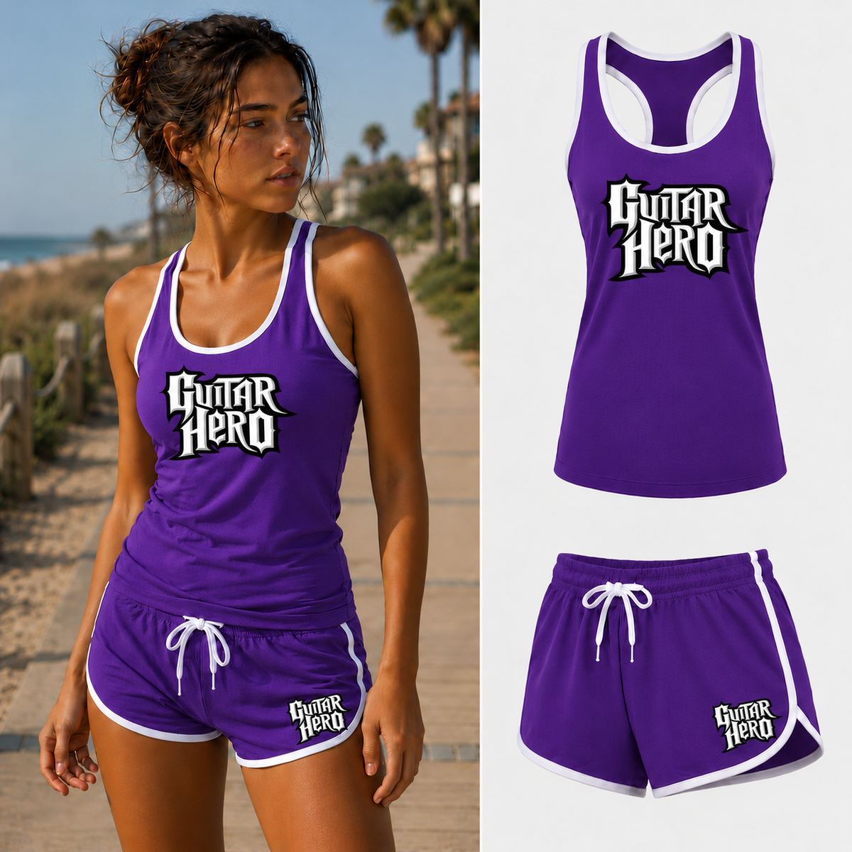 Women's Guitar Hero tank top and shorts set in Purple