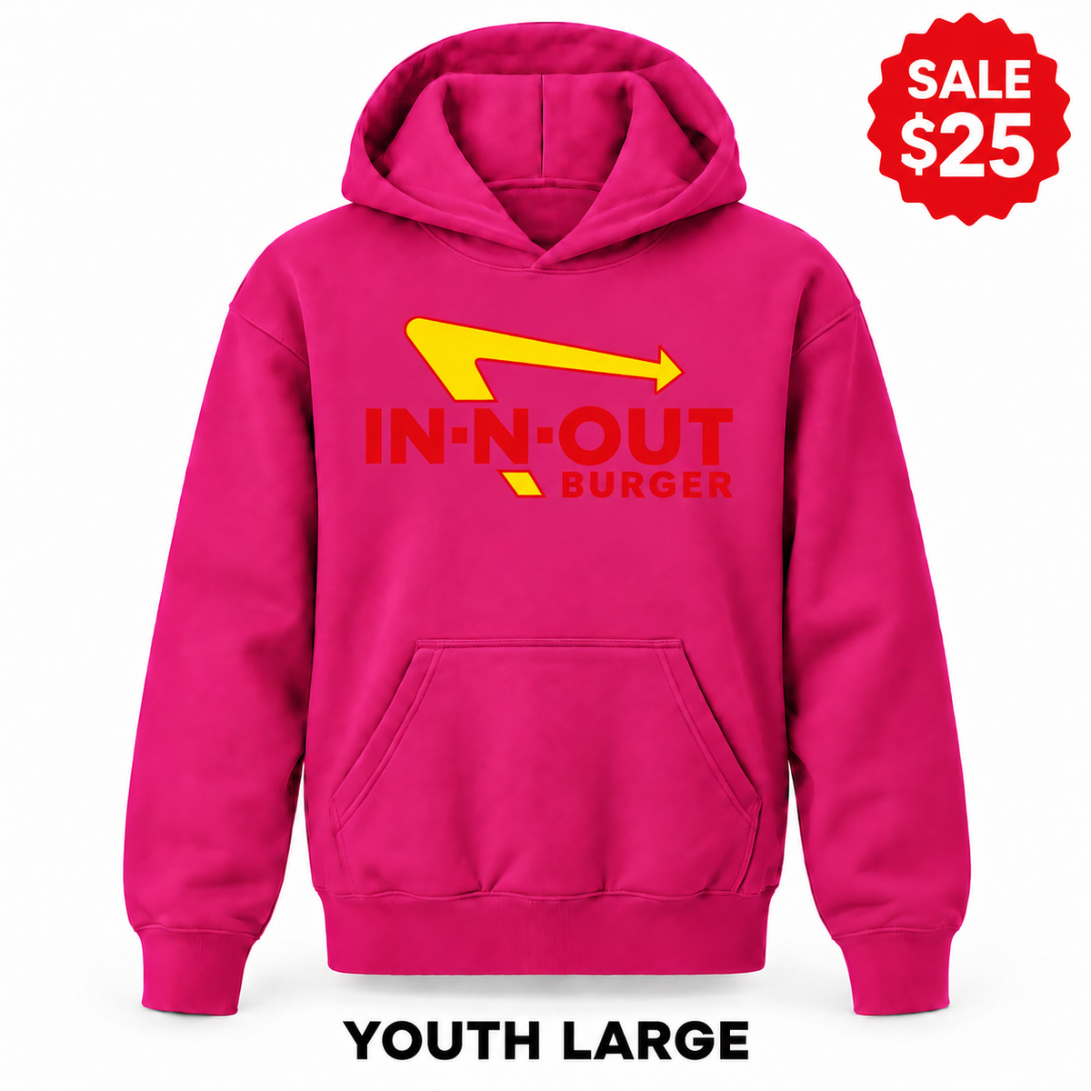 In-N-Out Burger youth sale pullover hoodie in Hot Pink with original red and yellow logo; SALE $25 and YOUTH LARGE.