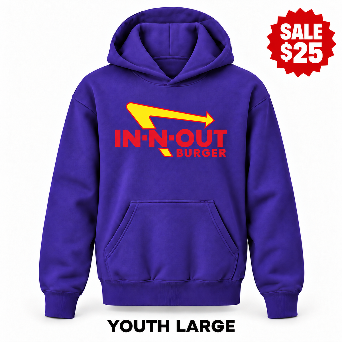 In-N-Out Burger youth sale pullover hoodie in Purple with original red and yellow logo; SALE $25 and YOUTH LARGE.