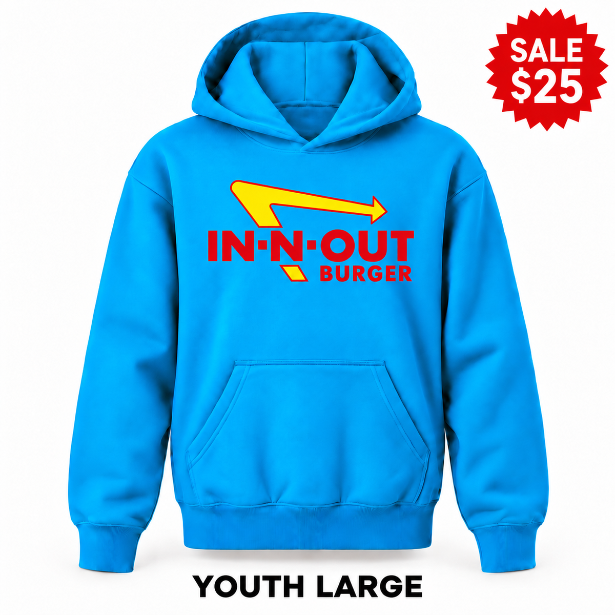 In-N-Out Burger youth sale pullover hoodie in Turquoise with original red and yellow logo; SALE $25 and YOUTH LARGE.