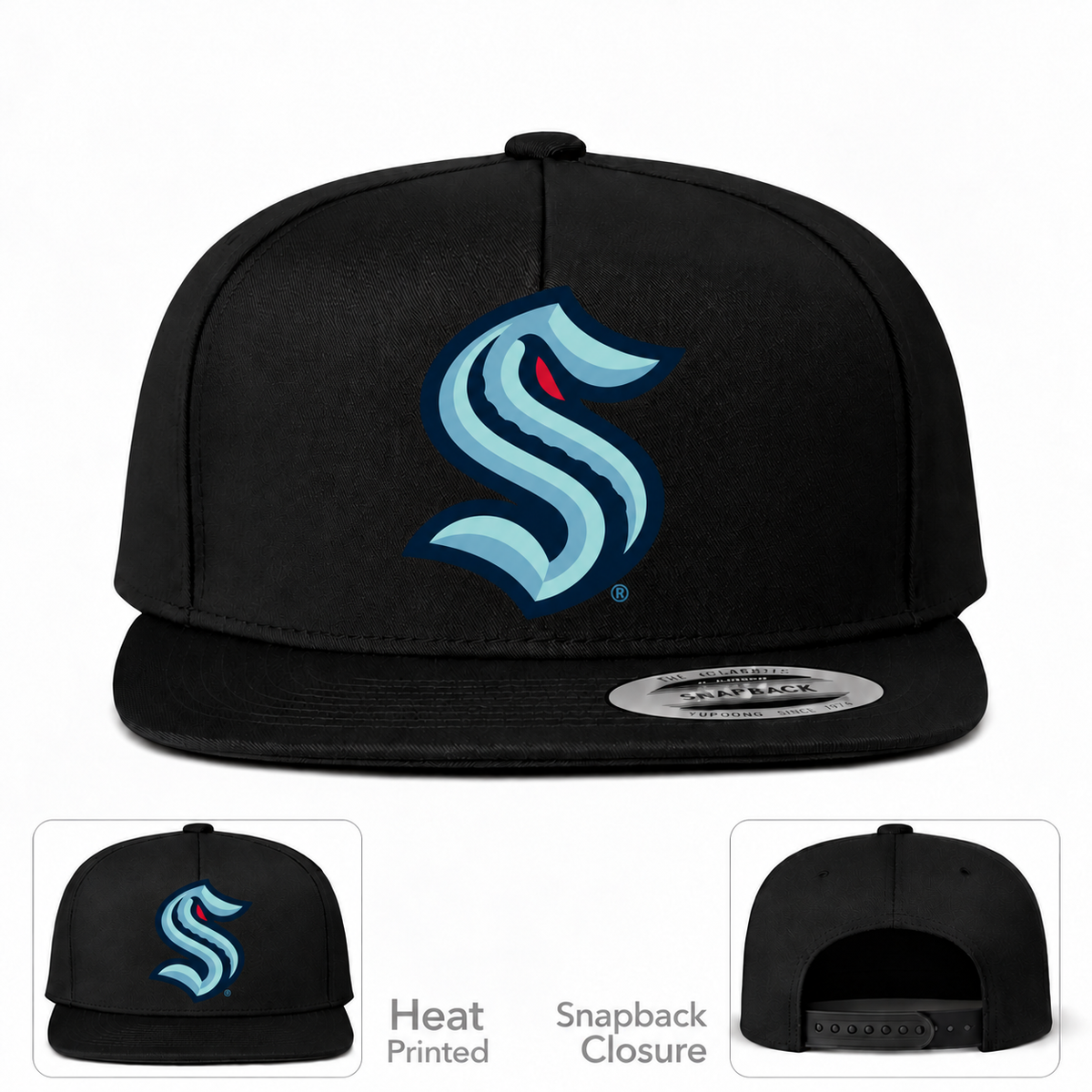 Seattle Kraken Black snapback hat, front print and adjustable snap closure