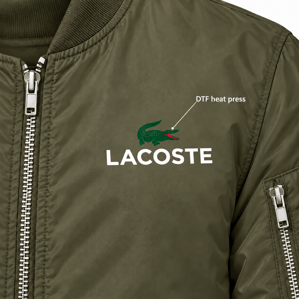Army Green - DTF Heat Press Detail - Men's Lacoste Lightweight Bomber Jacket