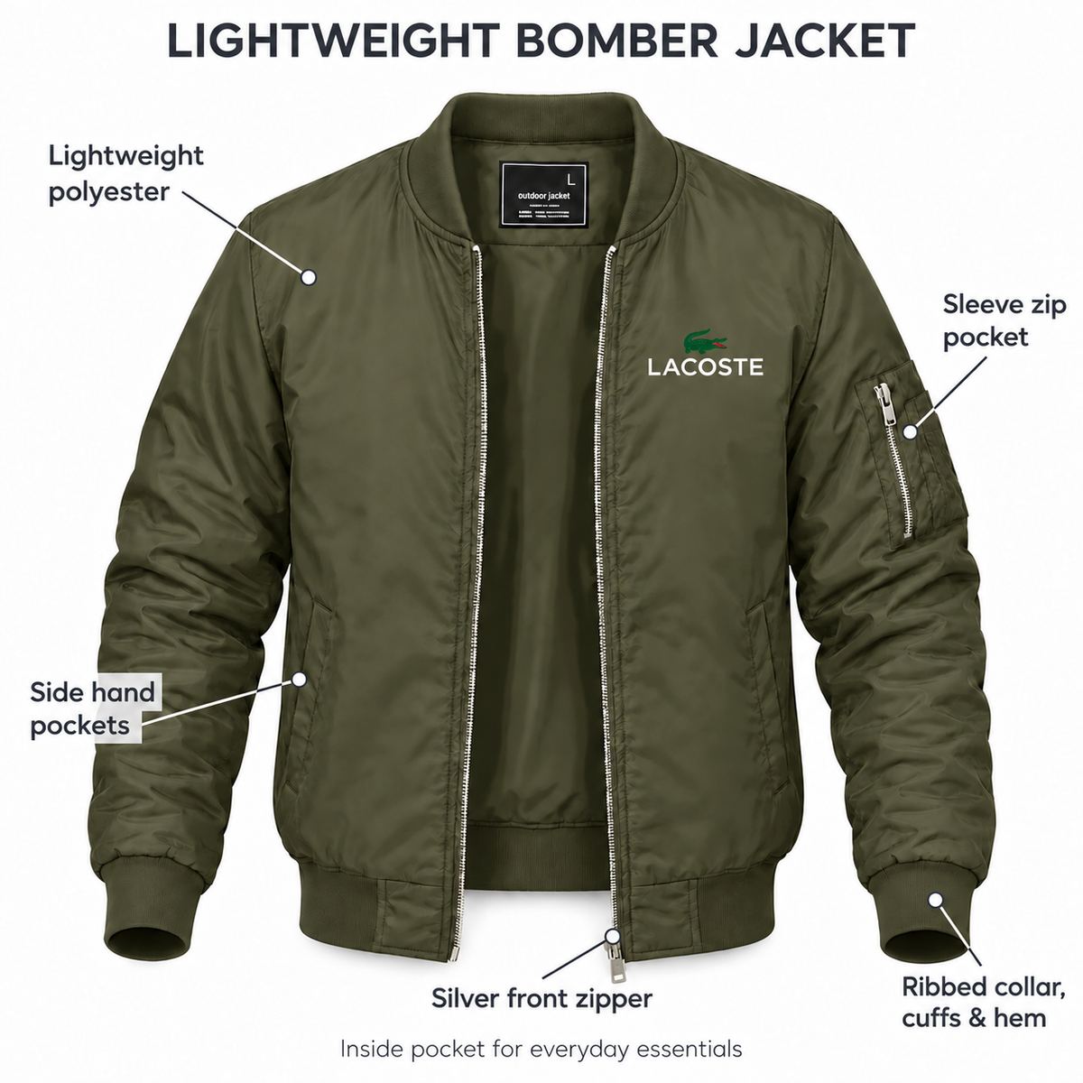 Army Green - Features - Men's Lacoste Lightweight Bomber Jacket