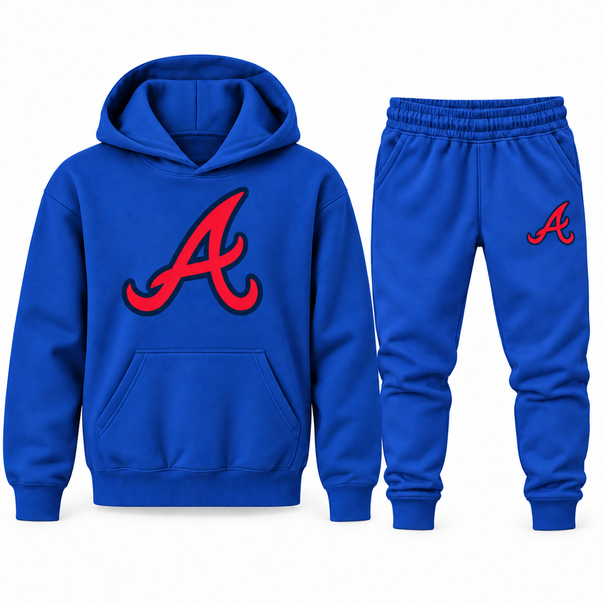 Blue youth hoodie jogger set with Atlanta Braves design