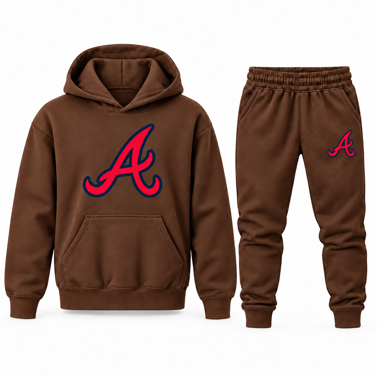 Brown youth hoodie jogger set with Atlanta Braves design