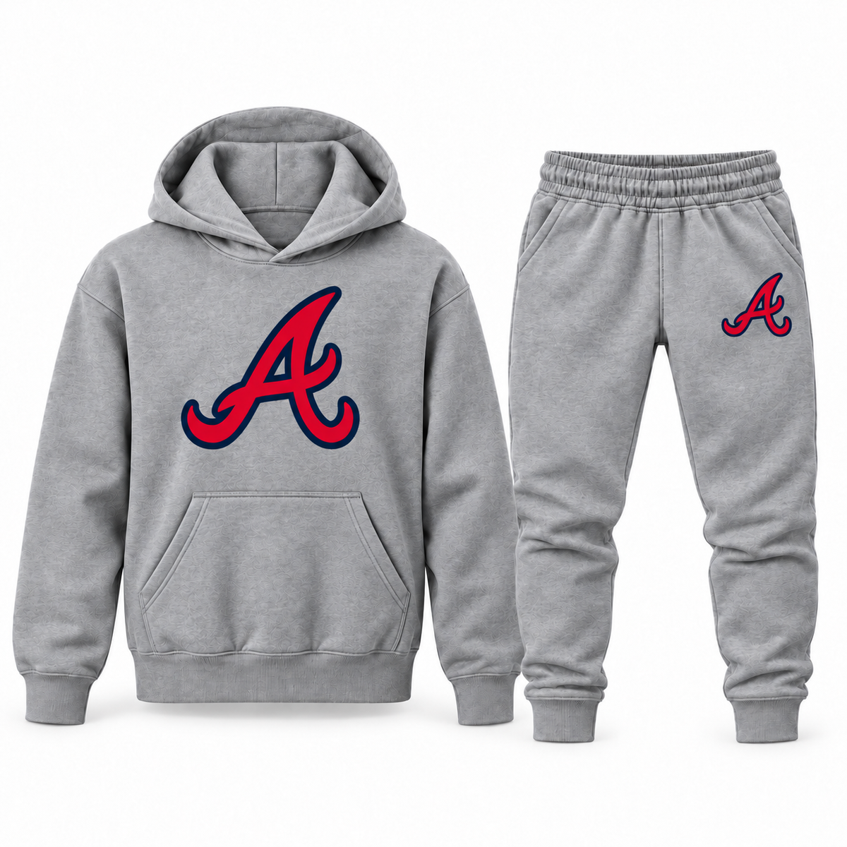 Gray youth hoodie jogger set with Atlanta Braves design
