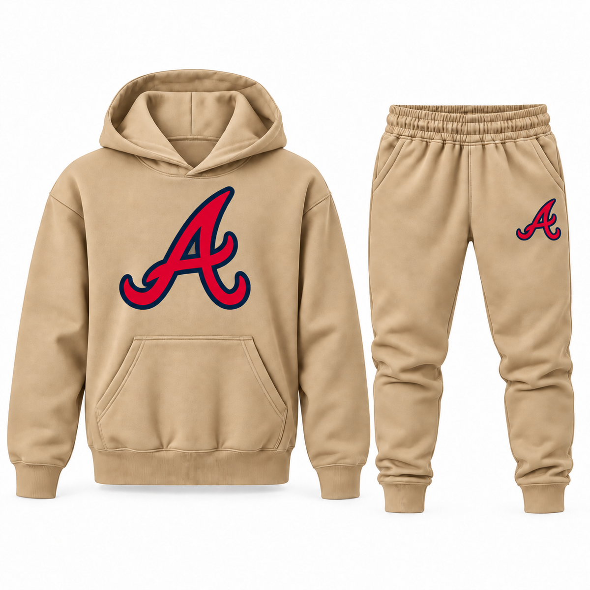 Tan youth hoodie jogger set with Atlanta Braves design