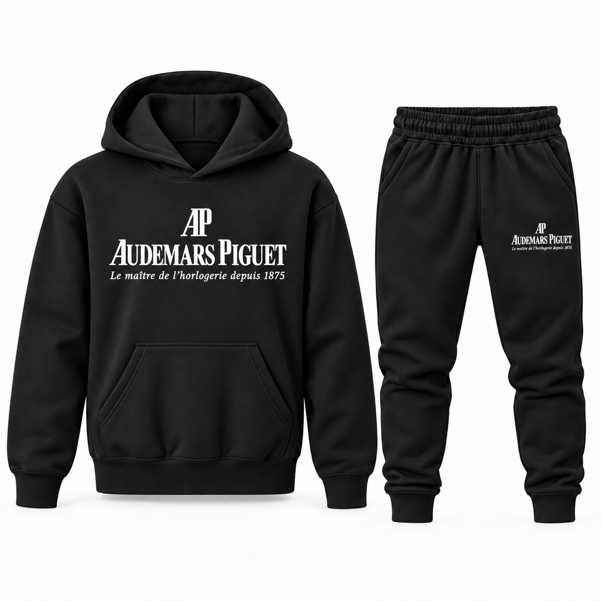 Black youth hoodie jogger set with Audemars Piguet design