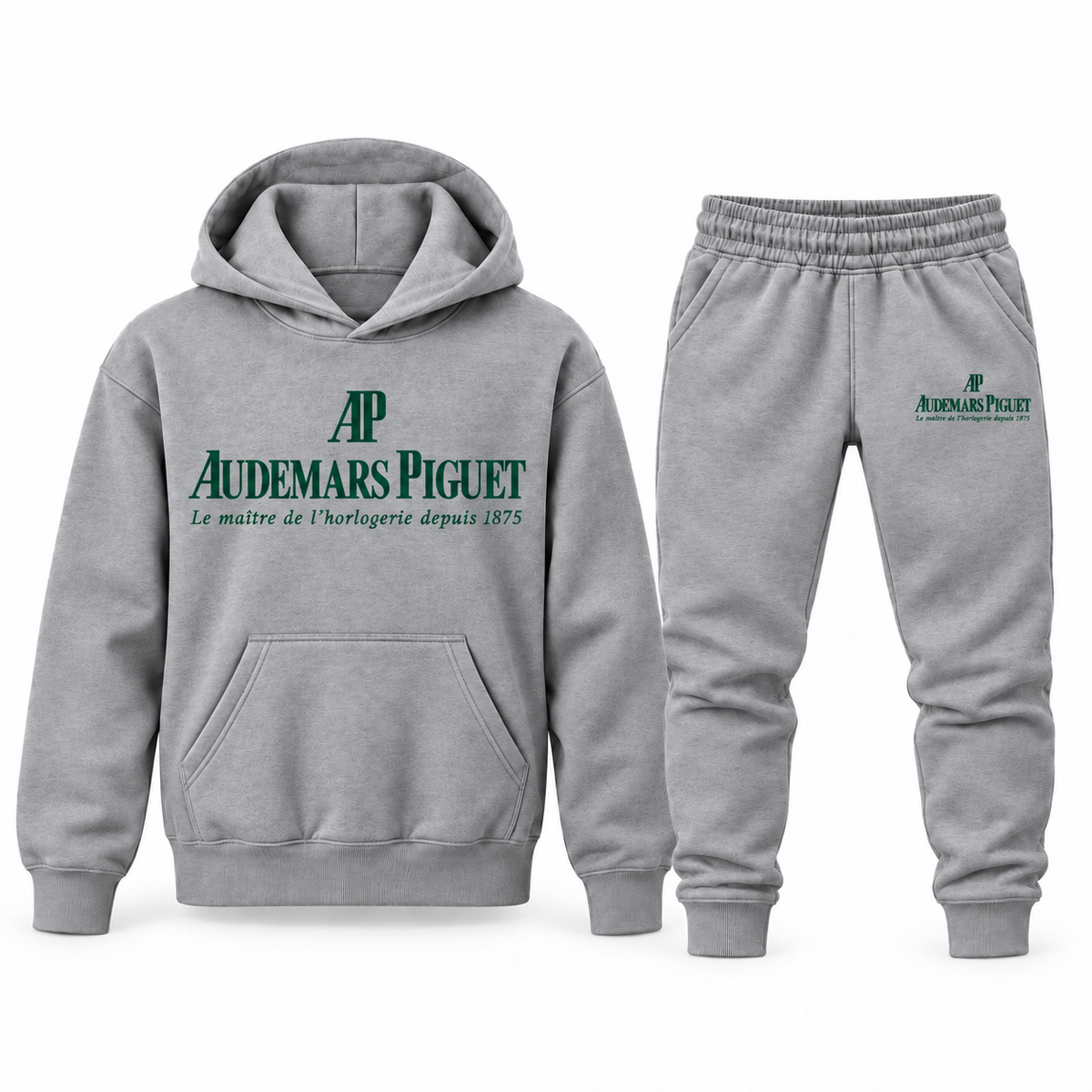 Gray youth hoodie jogger set with Audemars Piguet design