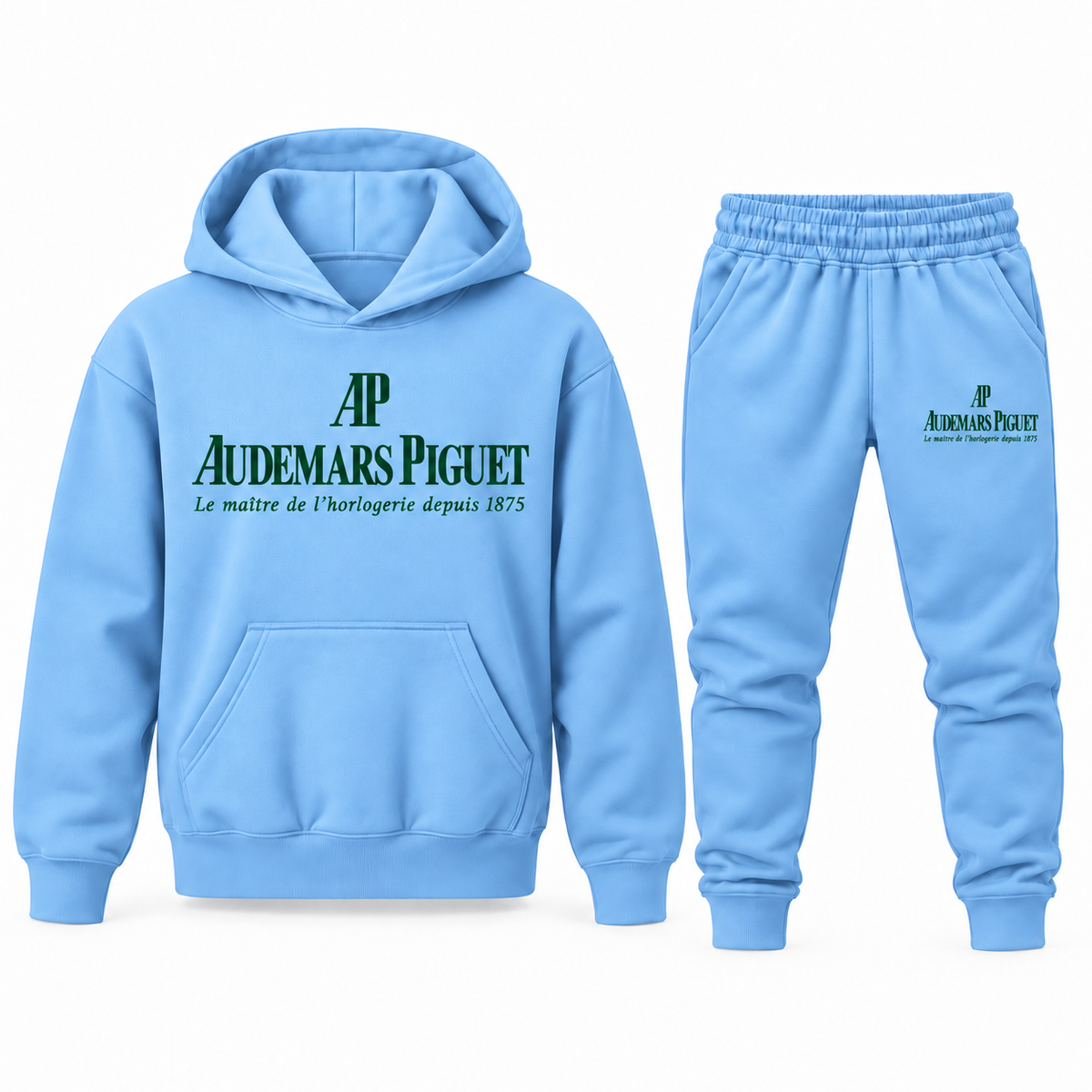 Sky Blue youth hoodie jogger set with Audemars Piguet design