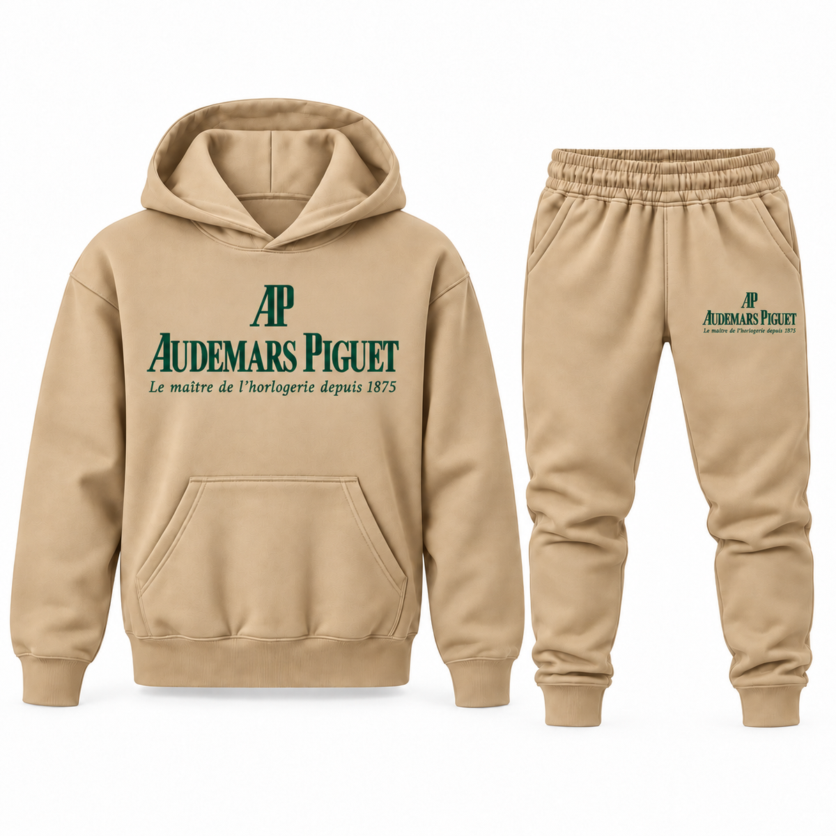 Tan youth hoodie jogger set with Audemars Piguet design