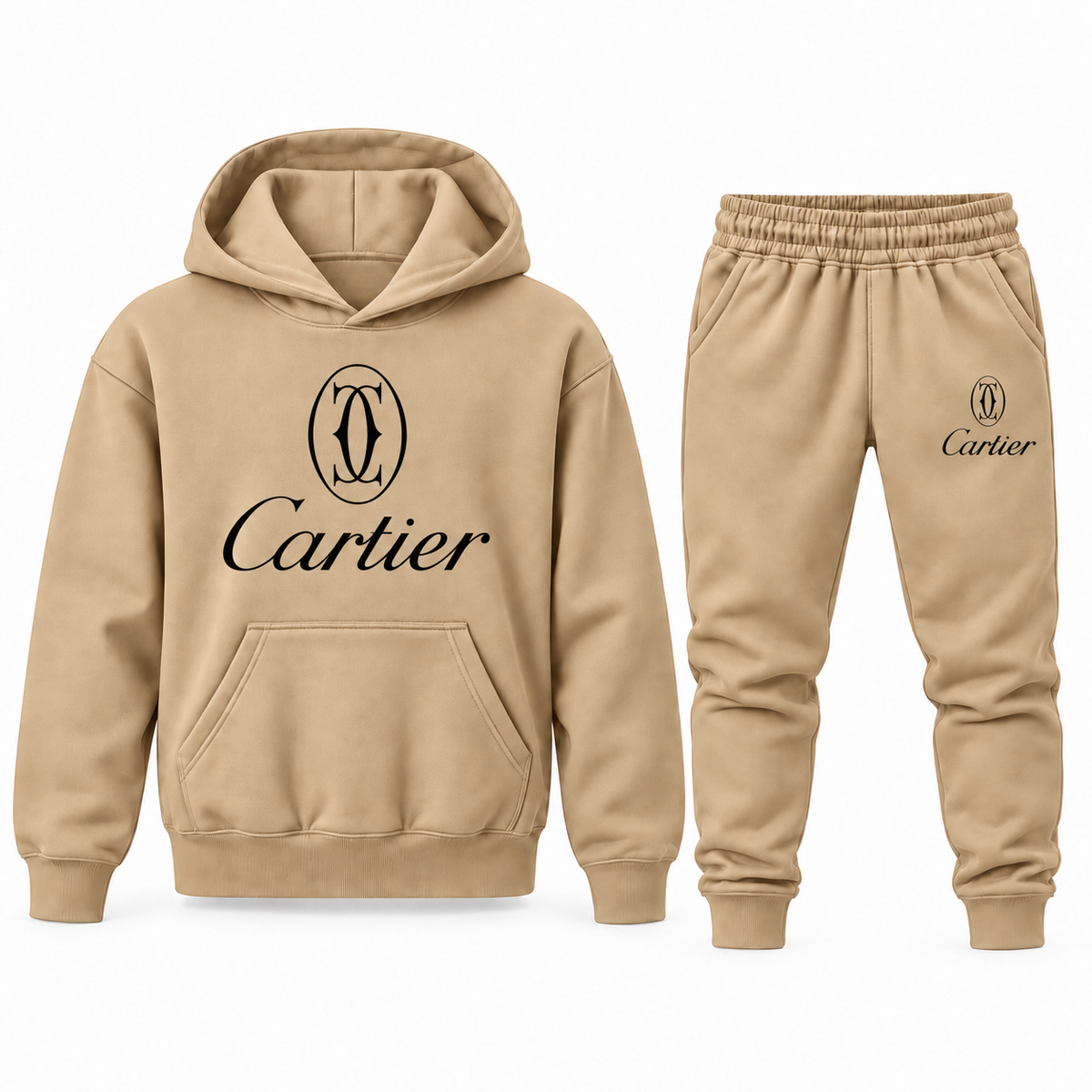 Tan youth hoodie jogger set with Cartier design