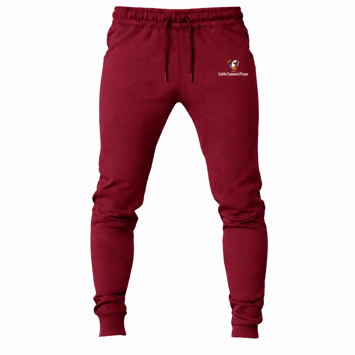 Maroon youth jogger sweatpants with Little Caesars design