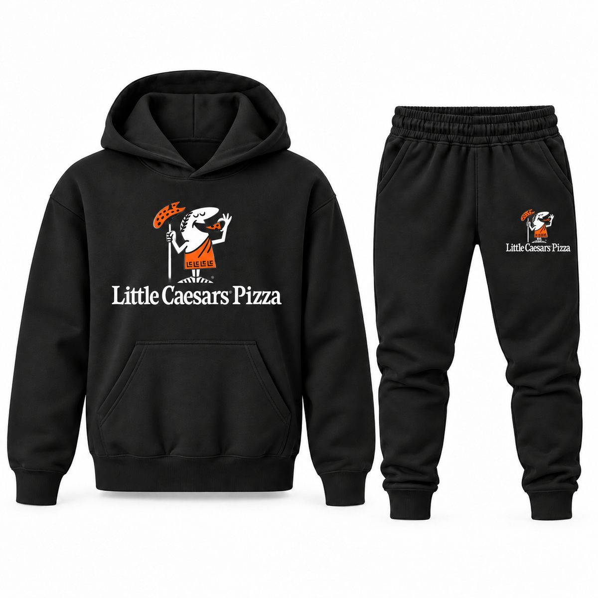 Black youth hoodie jogger set with Little Caesars design