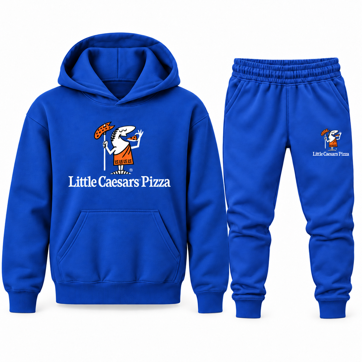 Blue youth hoodie jogger set with Little Caesars design