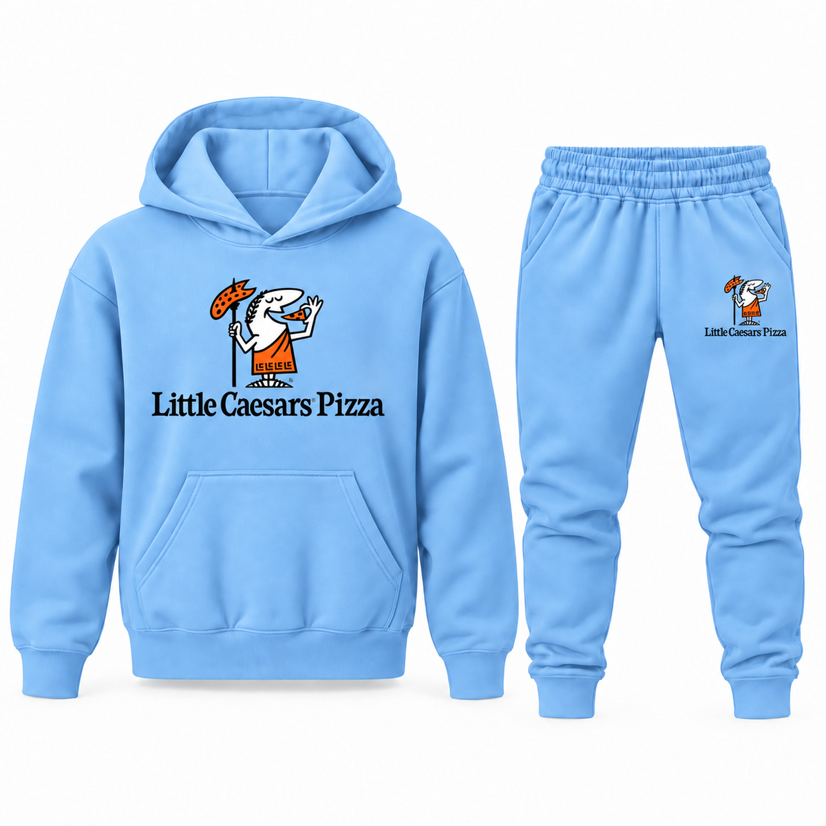Sky Blue youth hoodie jogger set with Little Caesars design