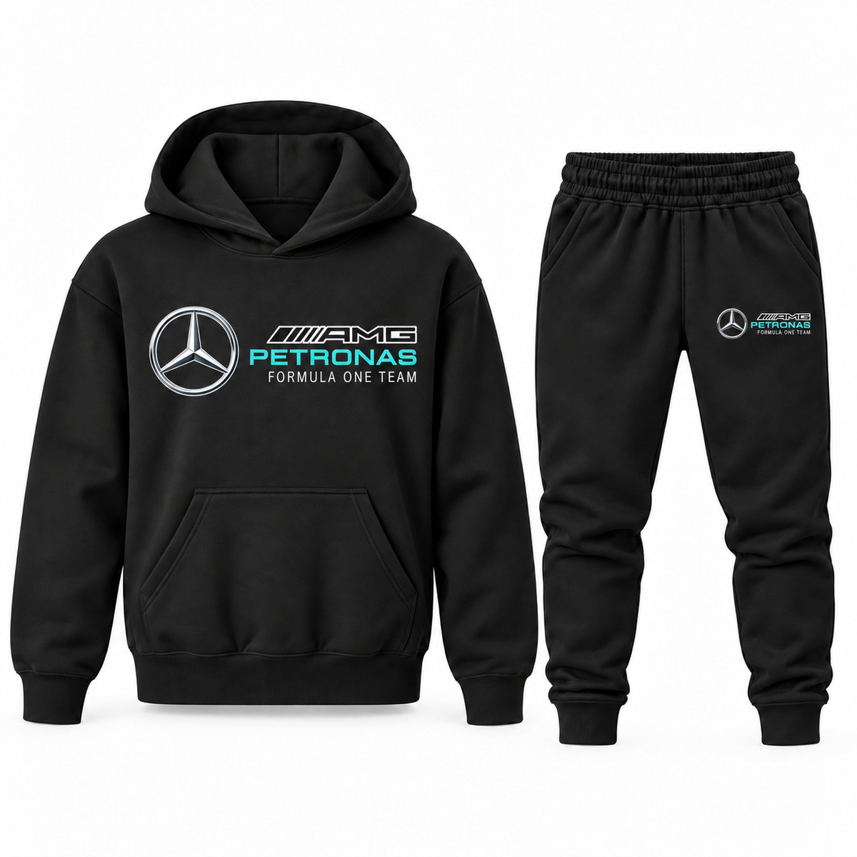 Black youth hoodie jogger set with Mercedes AMG Petronas Formula One Team design