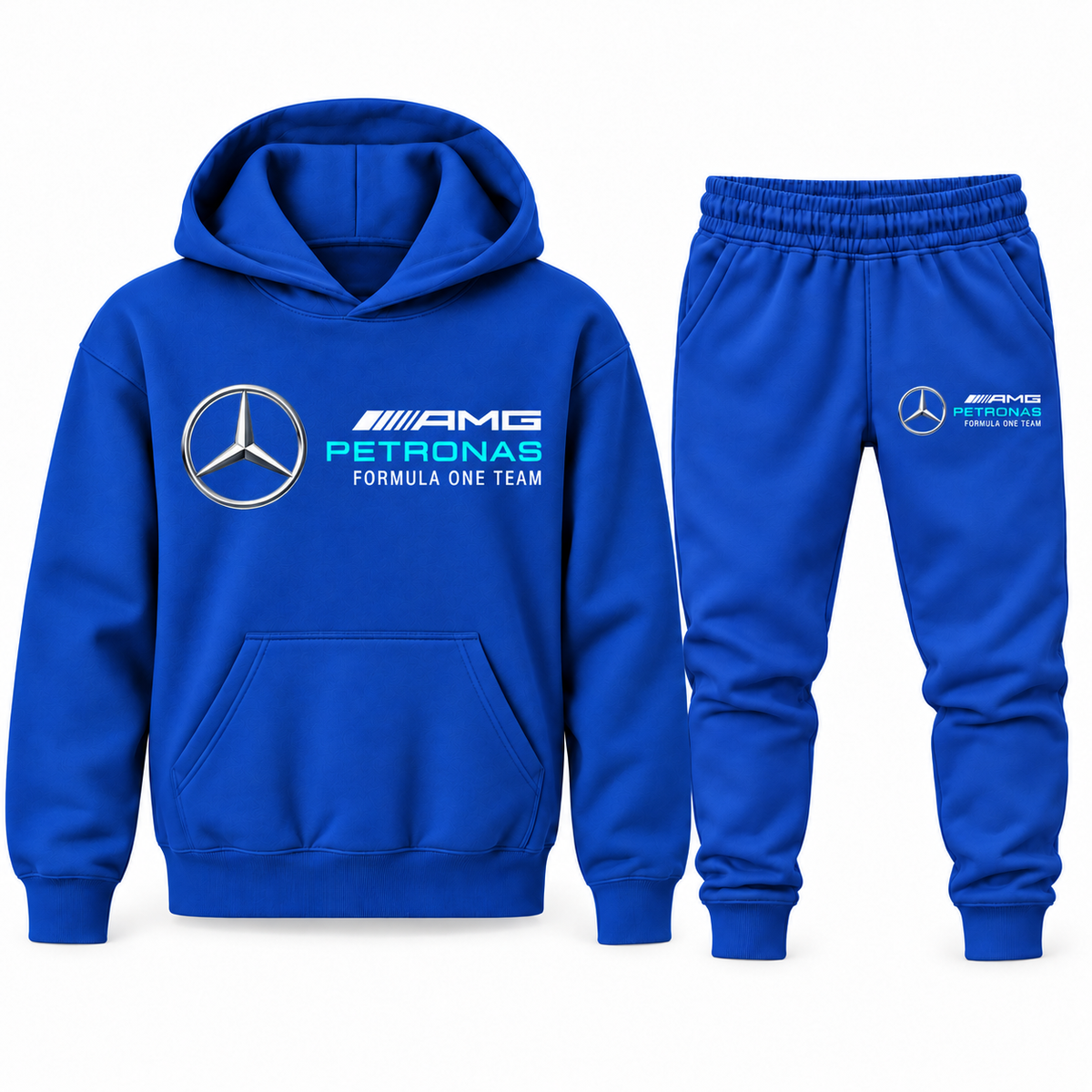 Blue youth hoodie jogger set with Mercedes AMG Petronas Formula One Team design