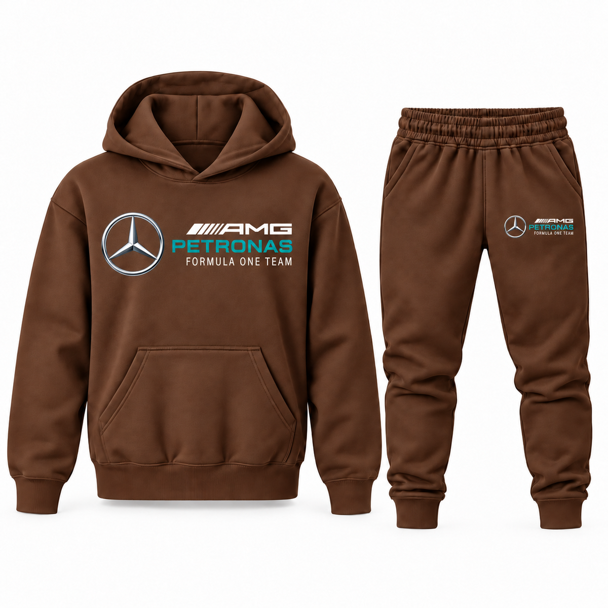Brown youth hoodie jogger set with Mercedes AMG Petronas Formula One Team design