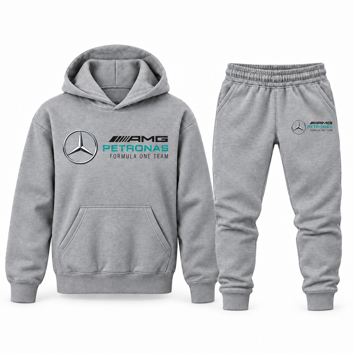 Gray youth hoodie jogger set with Mercedes AMG Petronas Formula One Team design