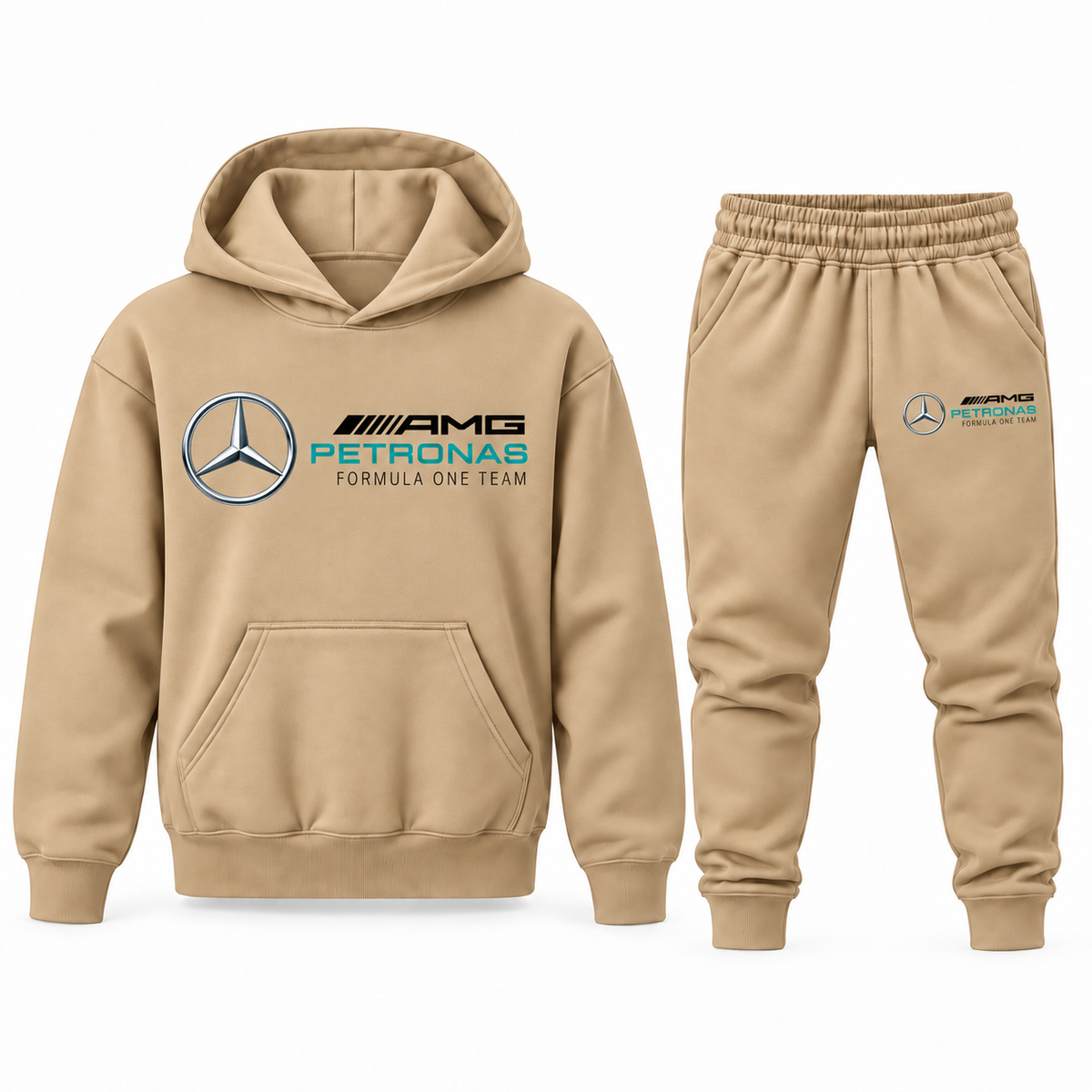 Tan youth hoodie jogger set with Mercedes AMG Petronas Formula One Team design