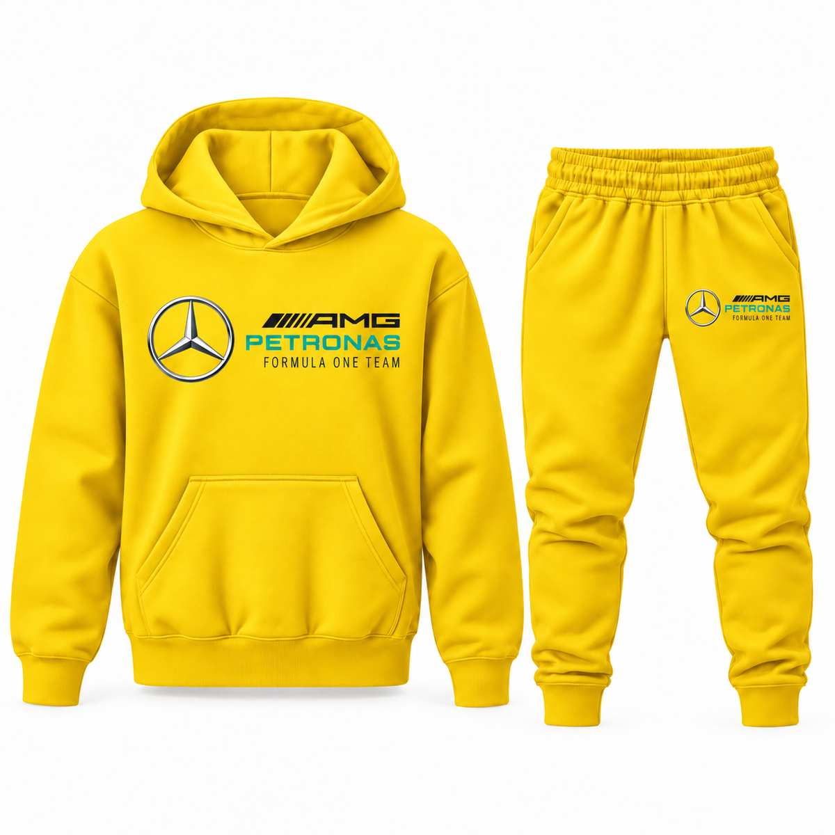 Yellow youth hoodie jogger set with Mercedes AMG Petronas Formula One Team design