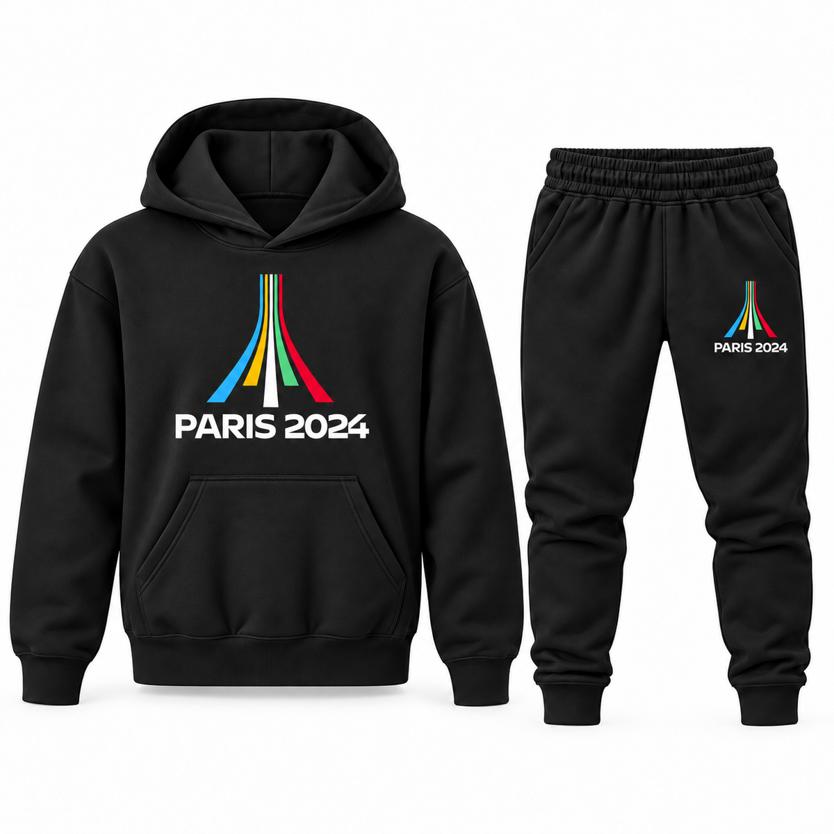 Black youth hoodie jogger set with Paris 2024 Olympics design