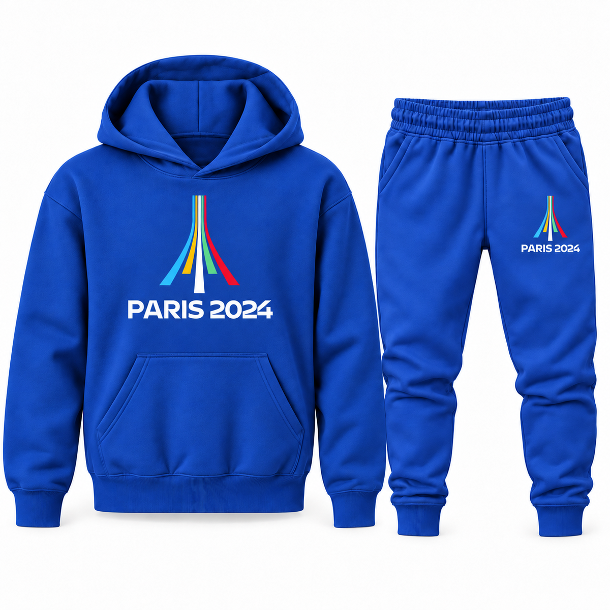 Blue youth hoodie jogger set with Paris 2024 Olympics design