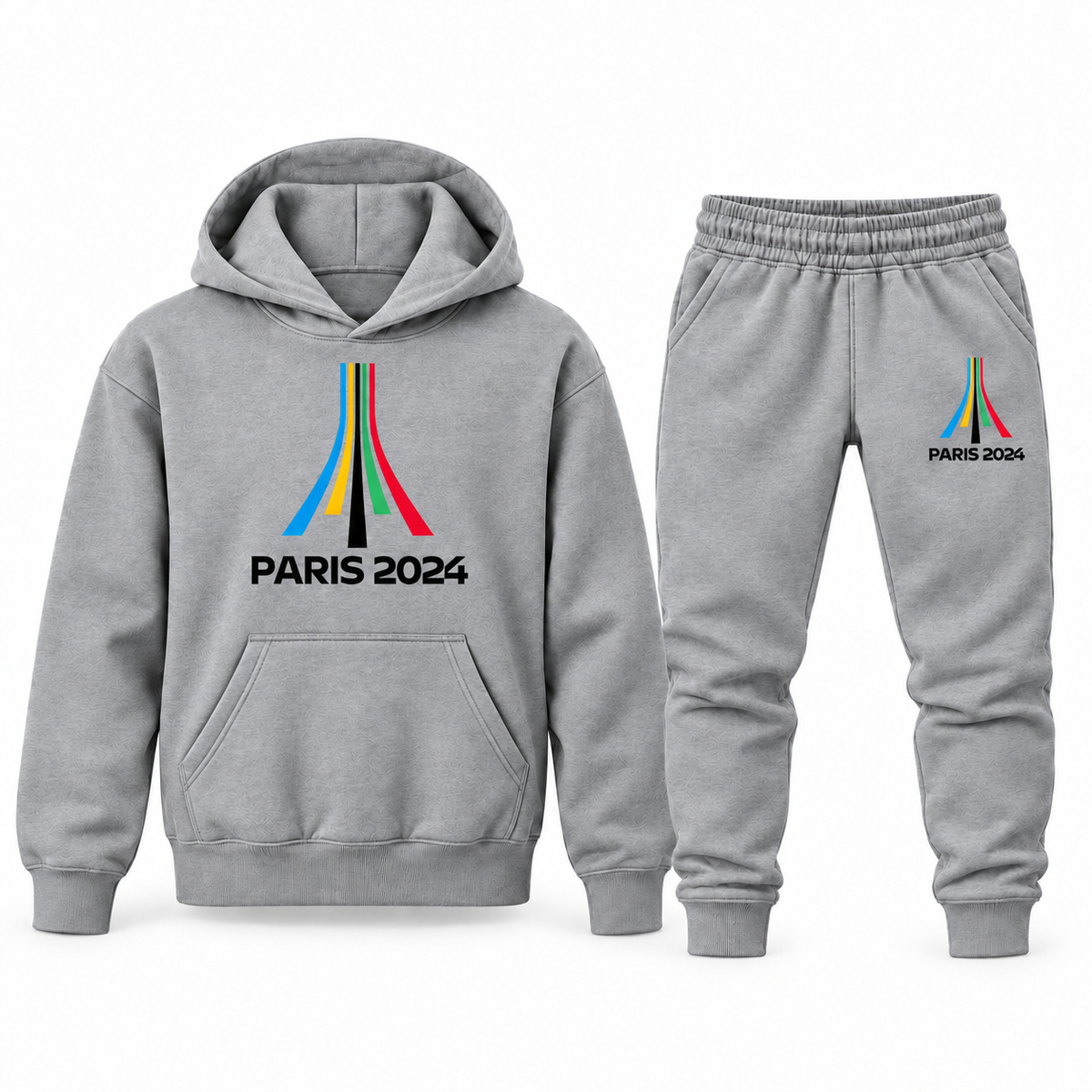 Gray youth hoodie jogger set with Paris 2024 Olympics design