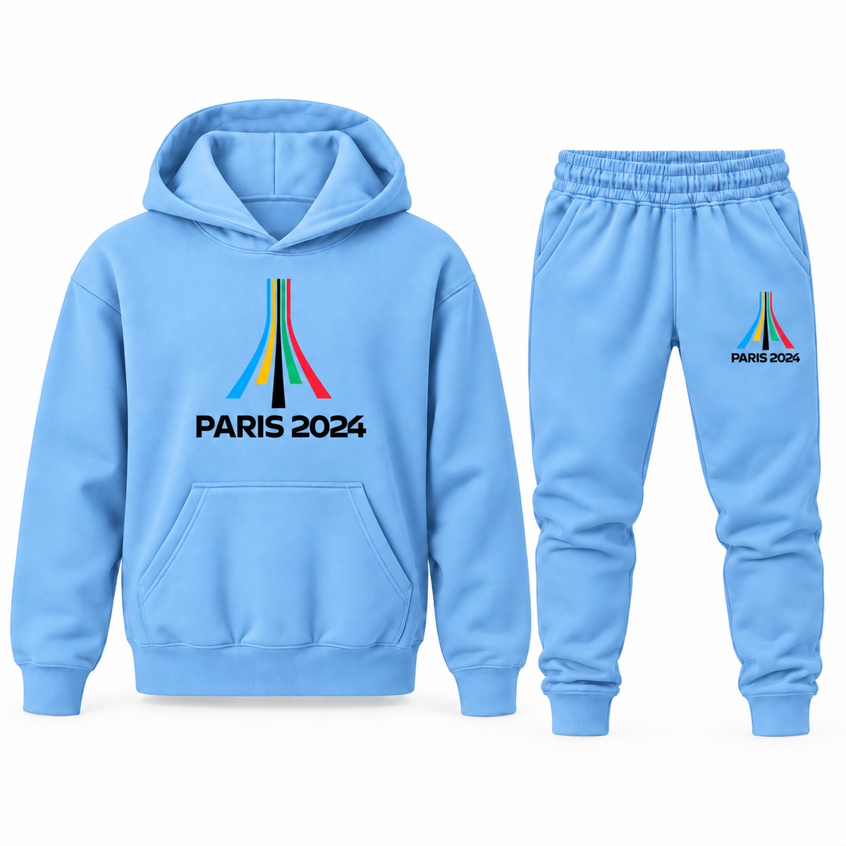 Sky Blue youth hoodie jogger set with Paris 2024 Olympics design