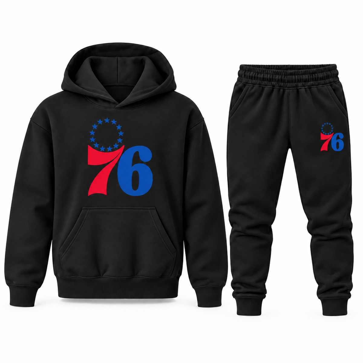 Black youth hoodie jogger set with Philadelphia 76ers design