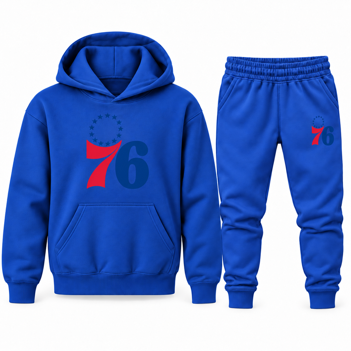 Blue youth hoodie jogger set with Philadelphia 76ers design
