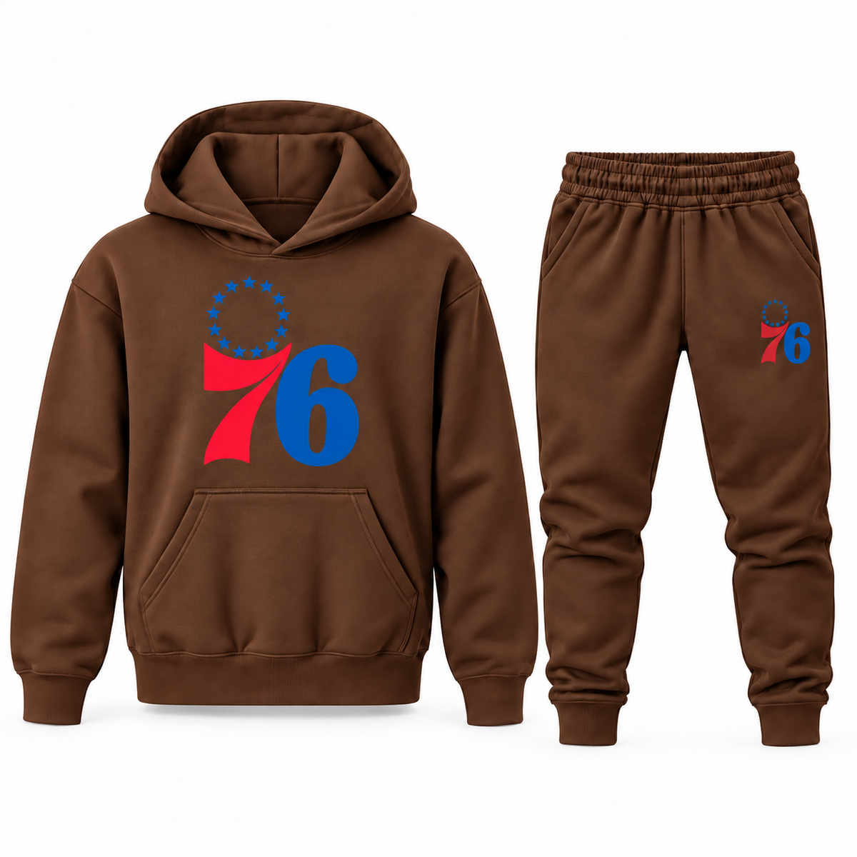 Brown youth hoodie jogger set with Philadelphia 76ers design