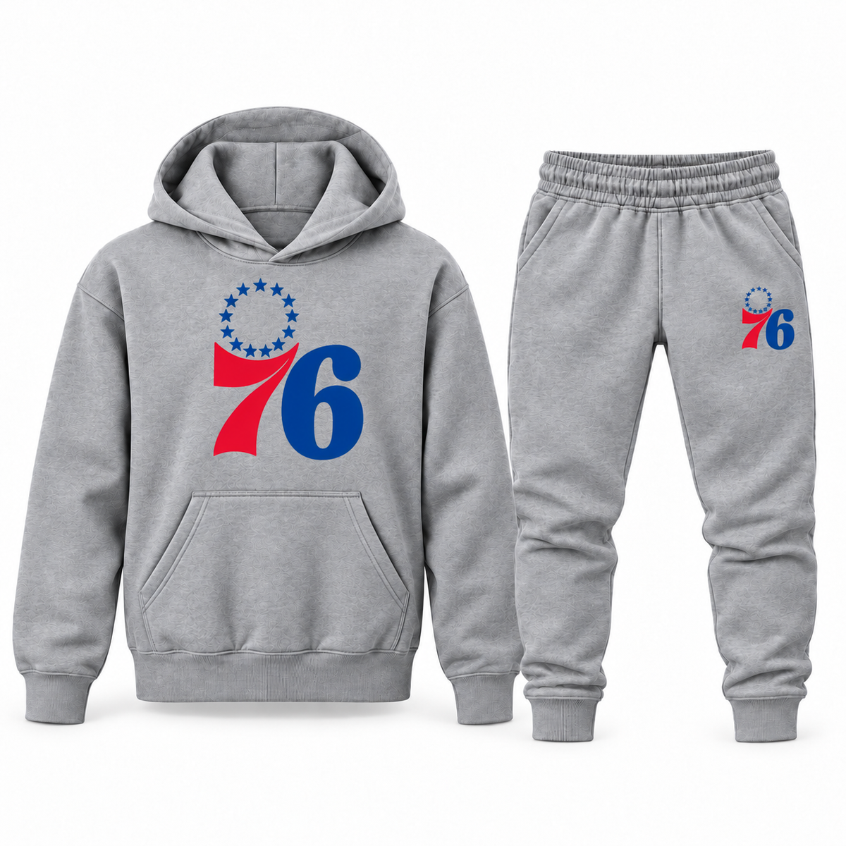 Gray youth hoodie jogger set with Philadelphia 76ers design