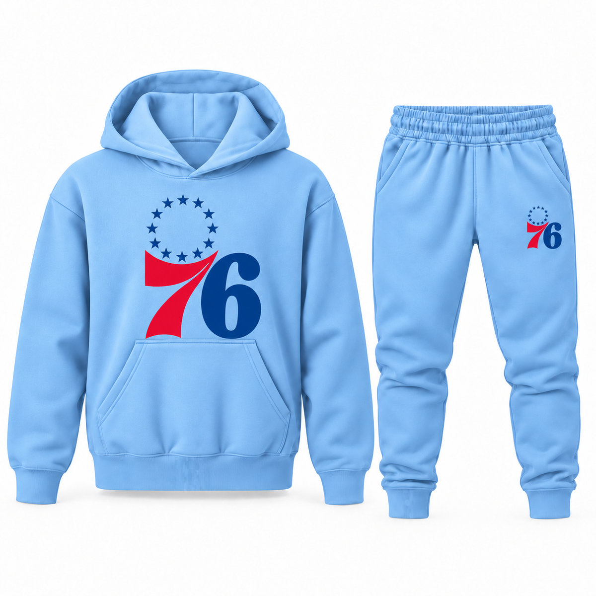 Sky Blue youth hoodie jogger set with Philadelphia 76ers design