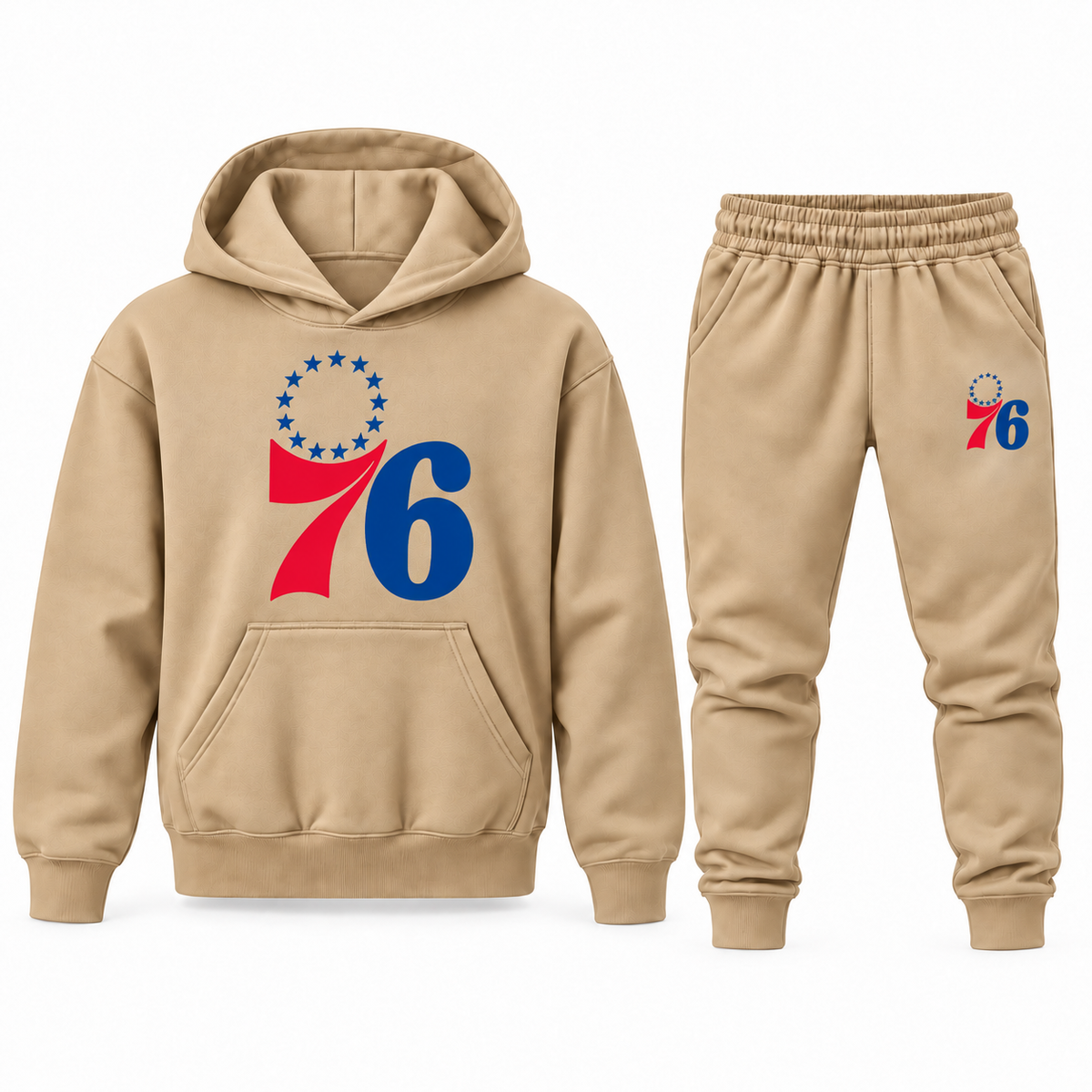 Tan youth hoodie jogger set with Philadelphia 76ers design