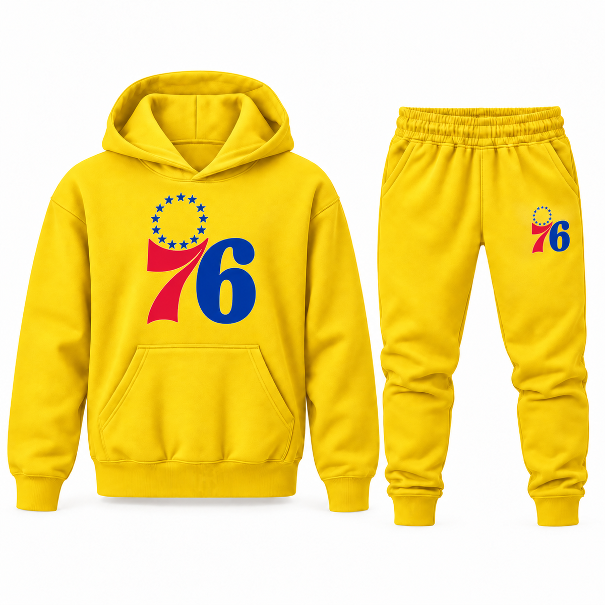Yellow youth hoodie jogger set with Philadelphia 76ers design