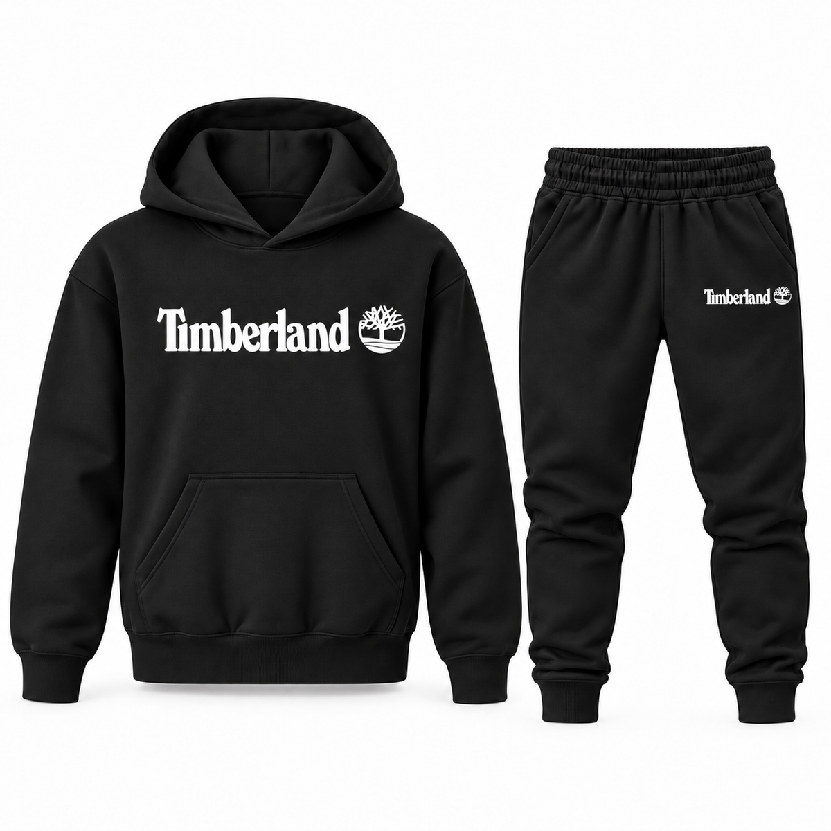Black youth hoodie jogger set with Timberland design