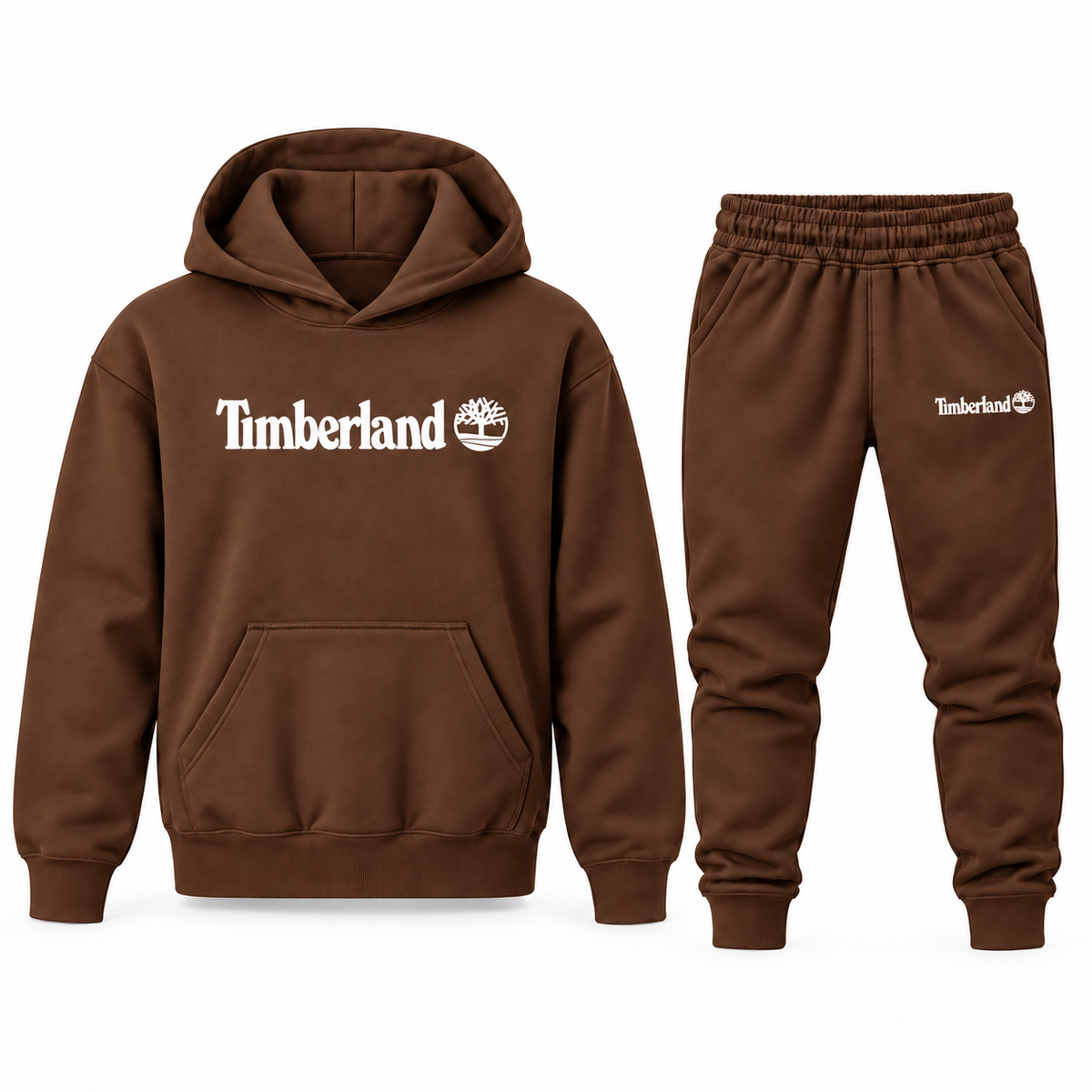 Brown youth hoodie jogger set with Timberland design