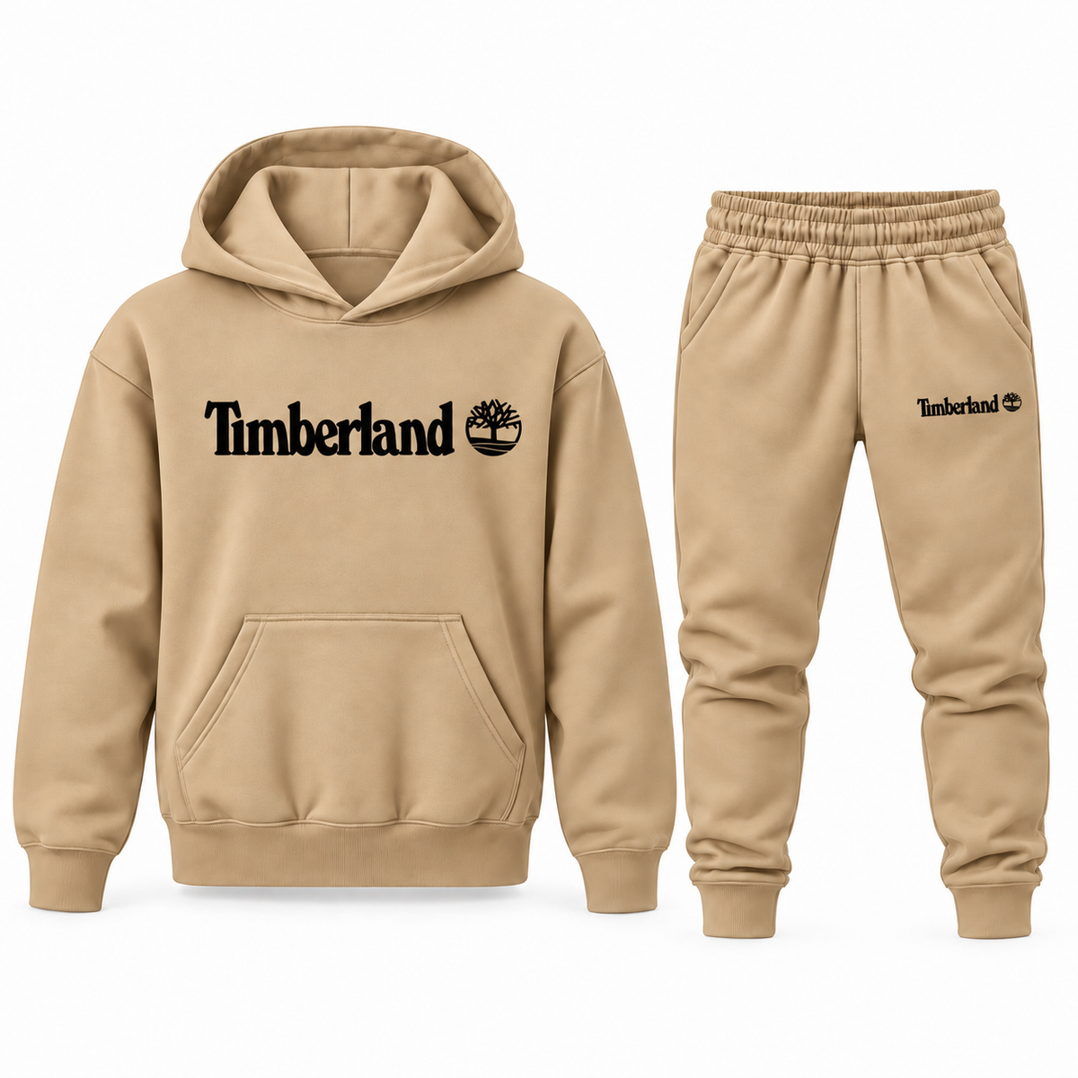 Tan youth hoodie jogger set with Timberland design