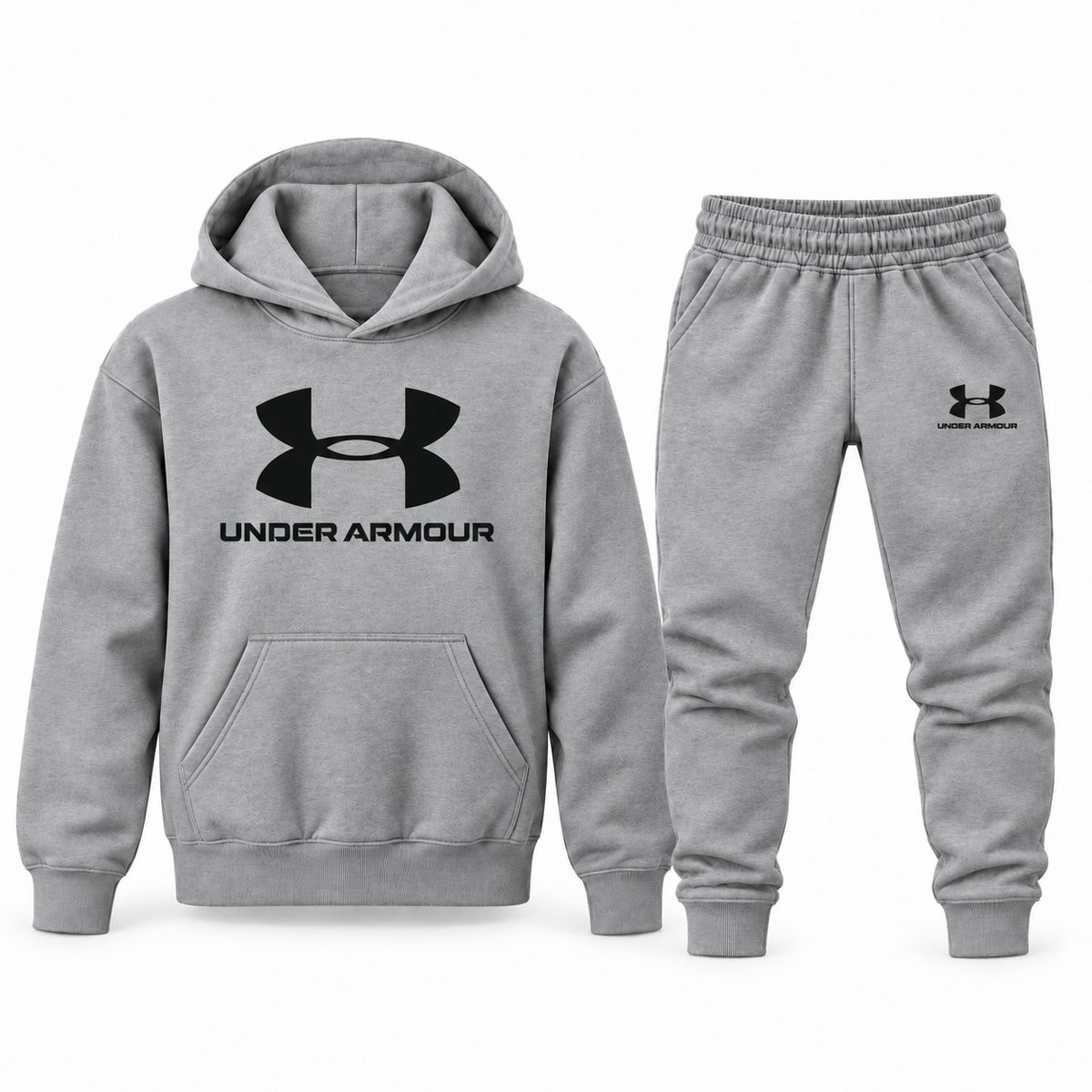Gray youth hoodie jogger set with Under Armour design