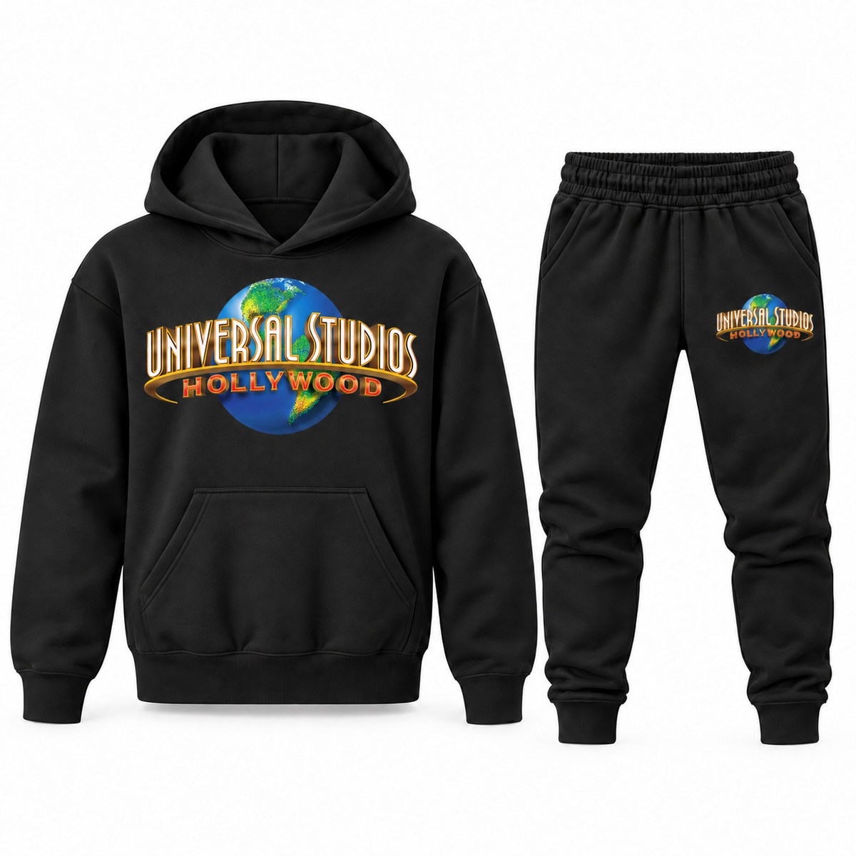 Black youth hoodie jogger set with Universal Studios Hollywood design