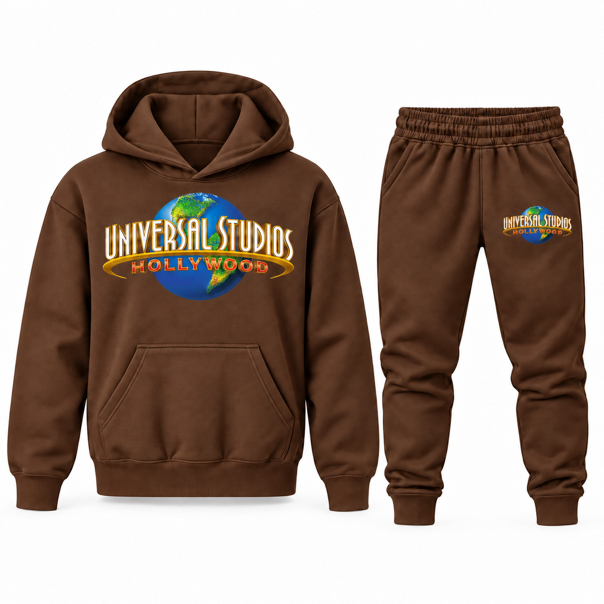 Brown youth hoodie jogger set with Universal Studios Hollywood design
