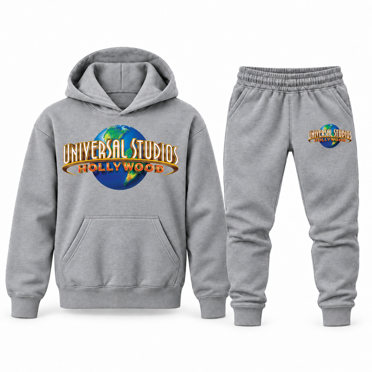 Gray youth hoodie jogger set with Universal Studios Hollywood design
