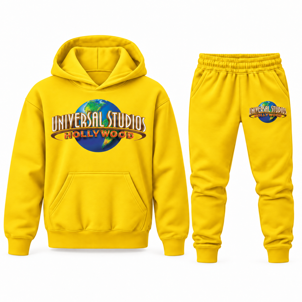 Yellow youth hoodie jogger set with Universal Studios Hollywood design