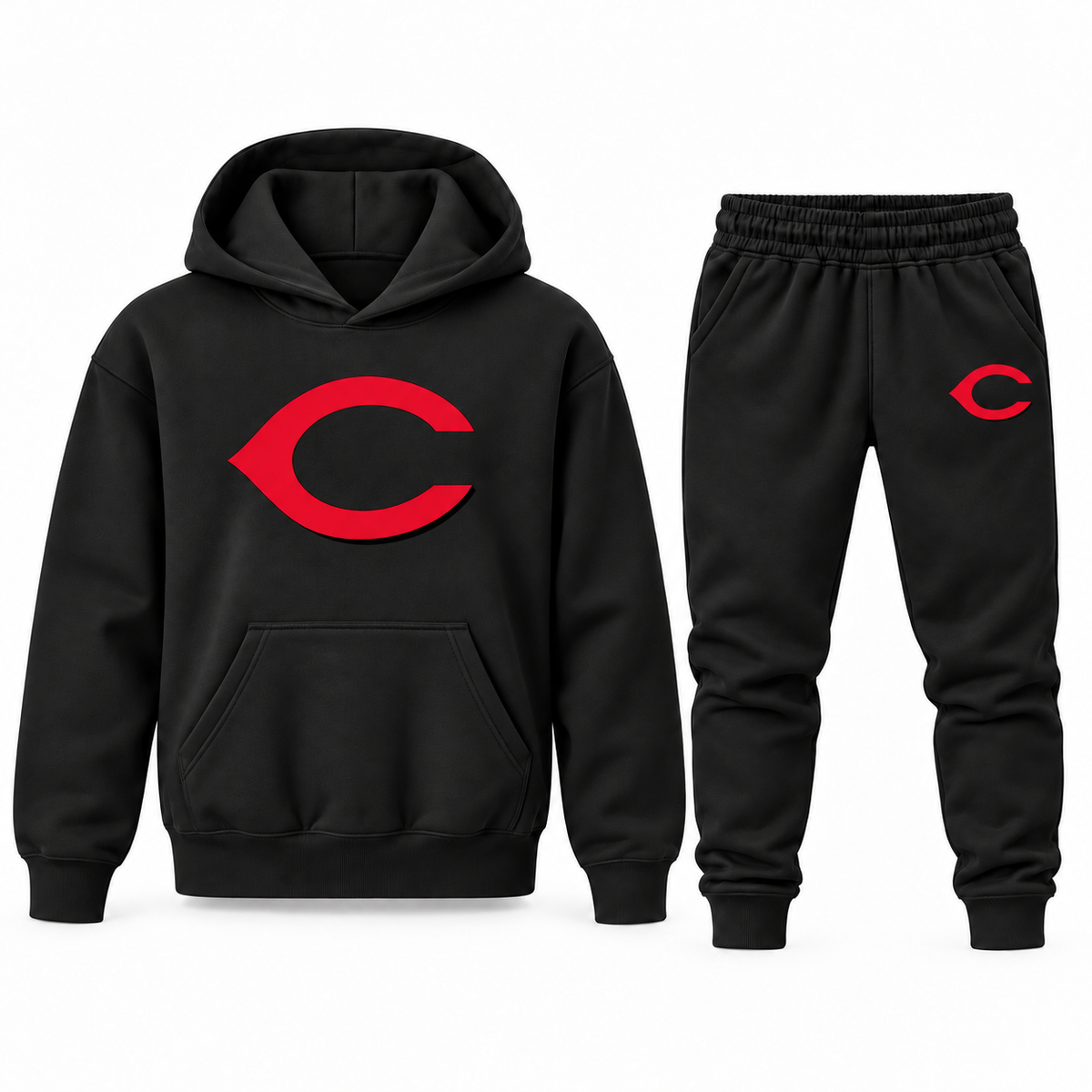 Black youth hoodie and jogger set with Cincinnati Reds logo