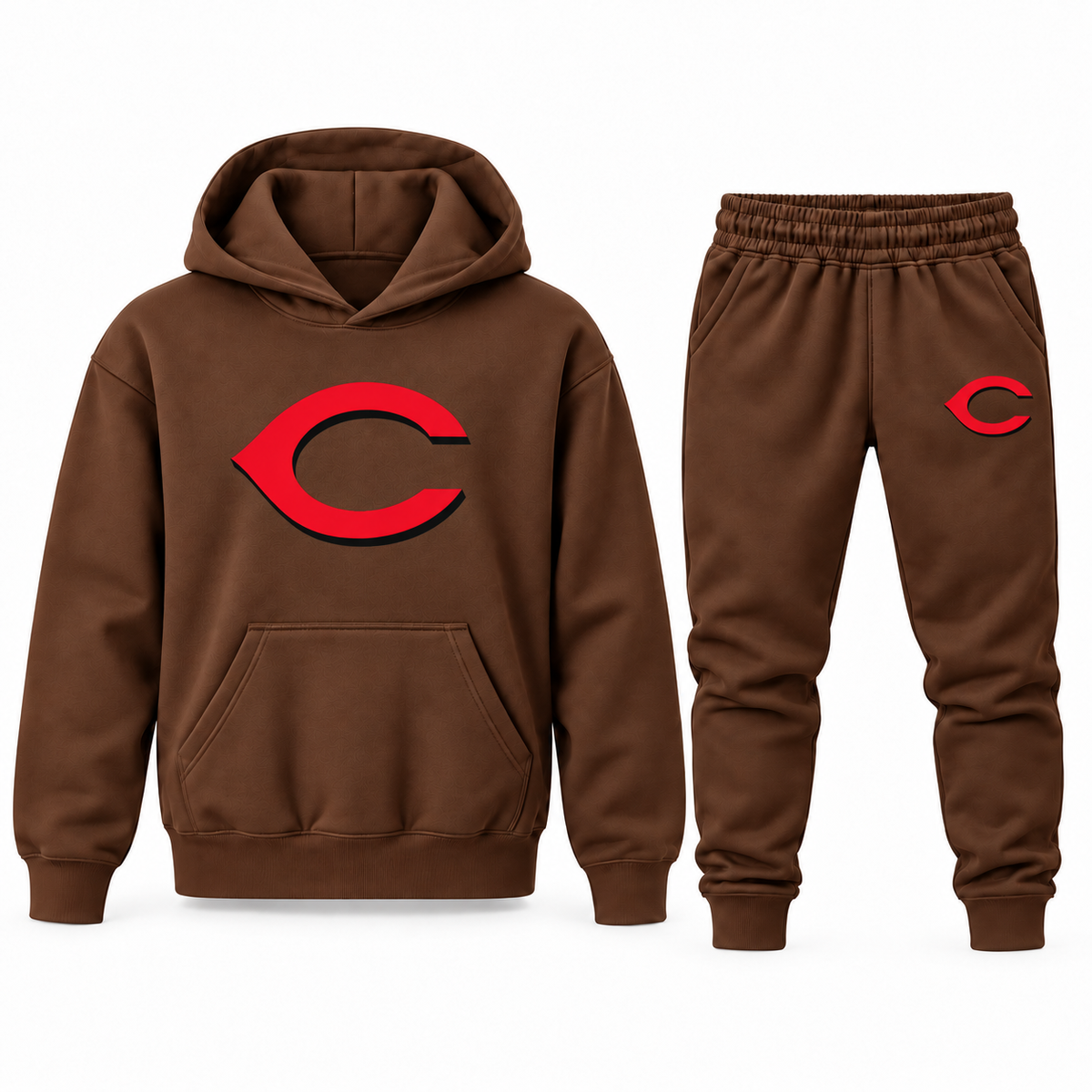 Brown youth hoodie and jogger set with Cincinnati Reds logo