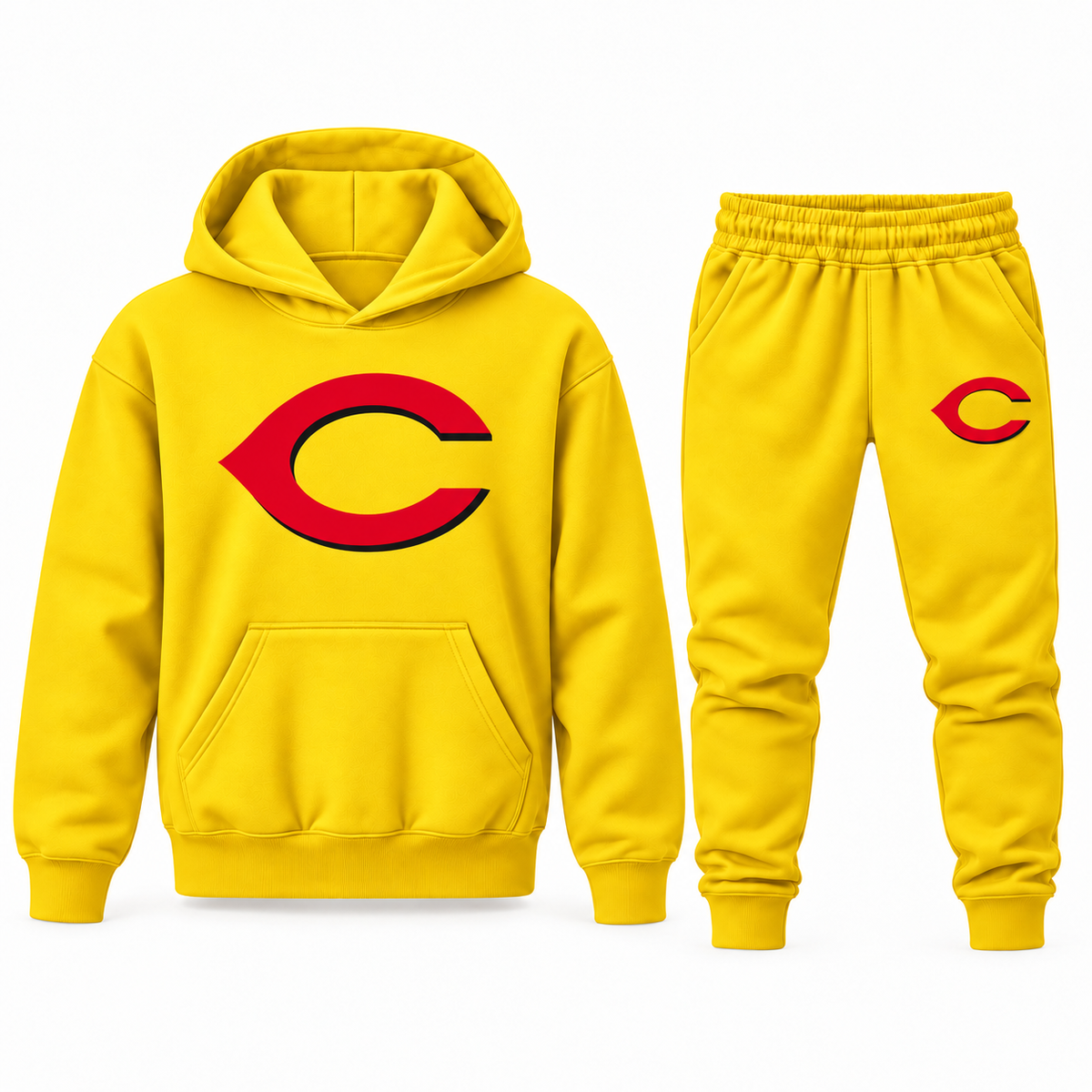 Yellow youth hoodie and jogger set with Cincinnati Reds logo