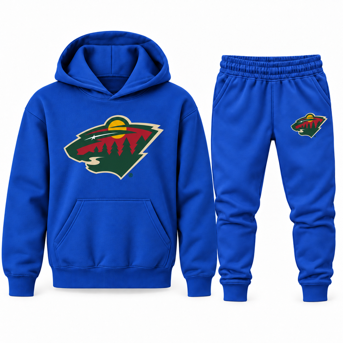 Blue youth hoodie and jogger set with Minnesota Wild logo