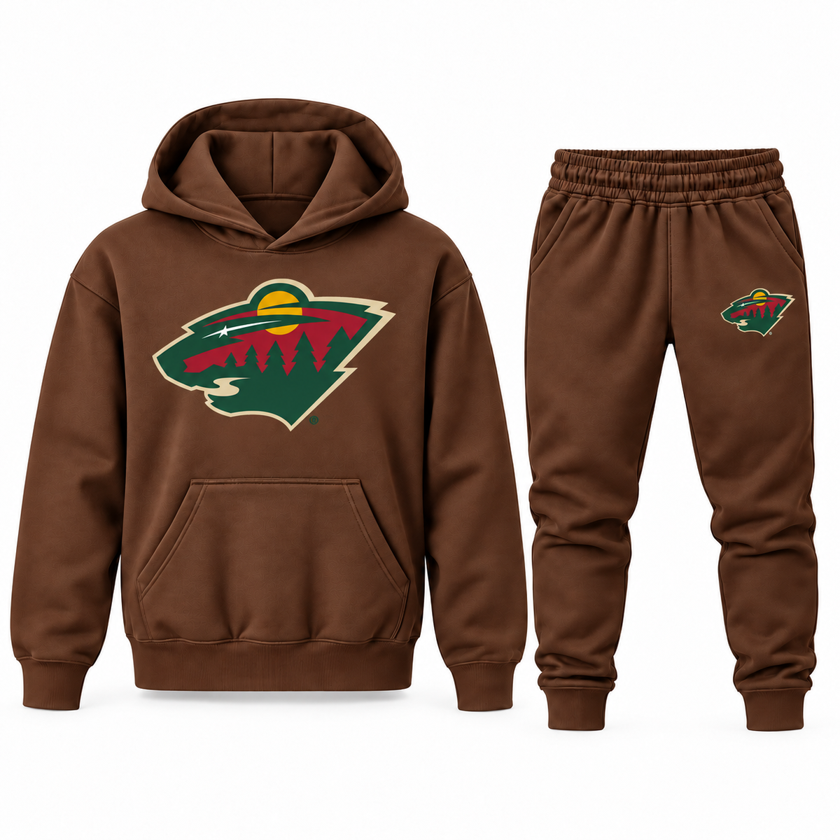 Brown youth hoodie and jogger set with Minnesota Wild logo